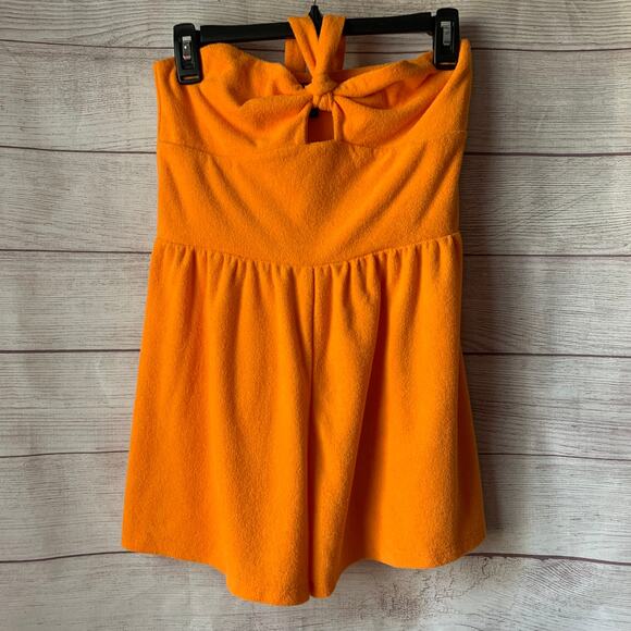 Wild Fable Orange Terry Cloth Romper Short Outfit Bow Front Keyhole Halter Tie S - Picture 1 of 11
